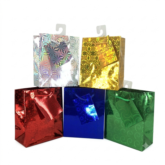 Colorful metallic gift bags in red, blue, green, gold, and silver on a white background.