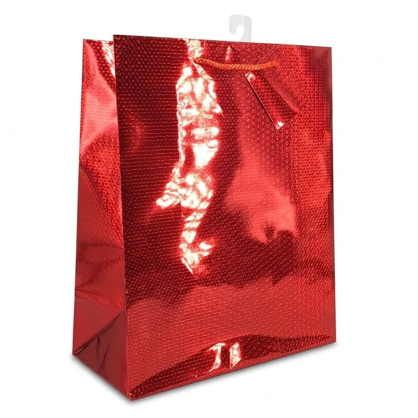 Giftrite Large Metallic Red Holographic Paper Gift Bags with Rope Handles & Gift Tag, 13" x 11" x 5" | Wholesale