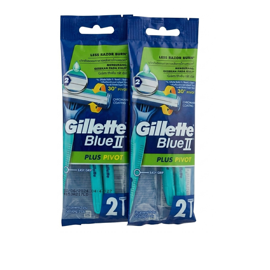 Two packages of Gillette Blue II Plus Pivot razors on a white background