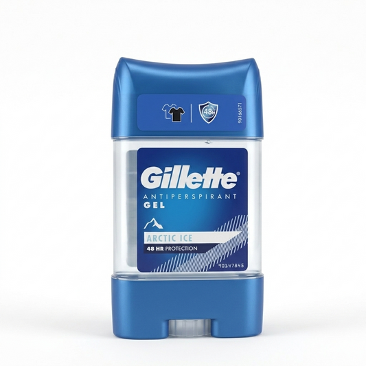 Gillette antiperspirant gel container with blue and white design on a white background