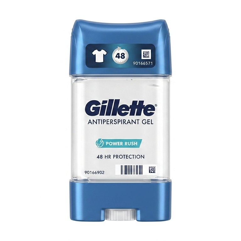 Gillette antiperspirant gel container with blue and clear design on a white background