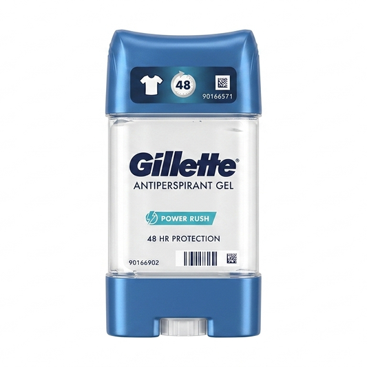 Gillette antiperspirant gel container with blue and clear design on a white background