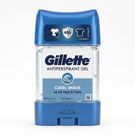 Gillette Antiperspirant Gel packaging with blue and white design on a white background