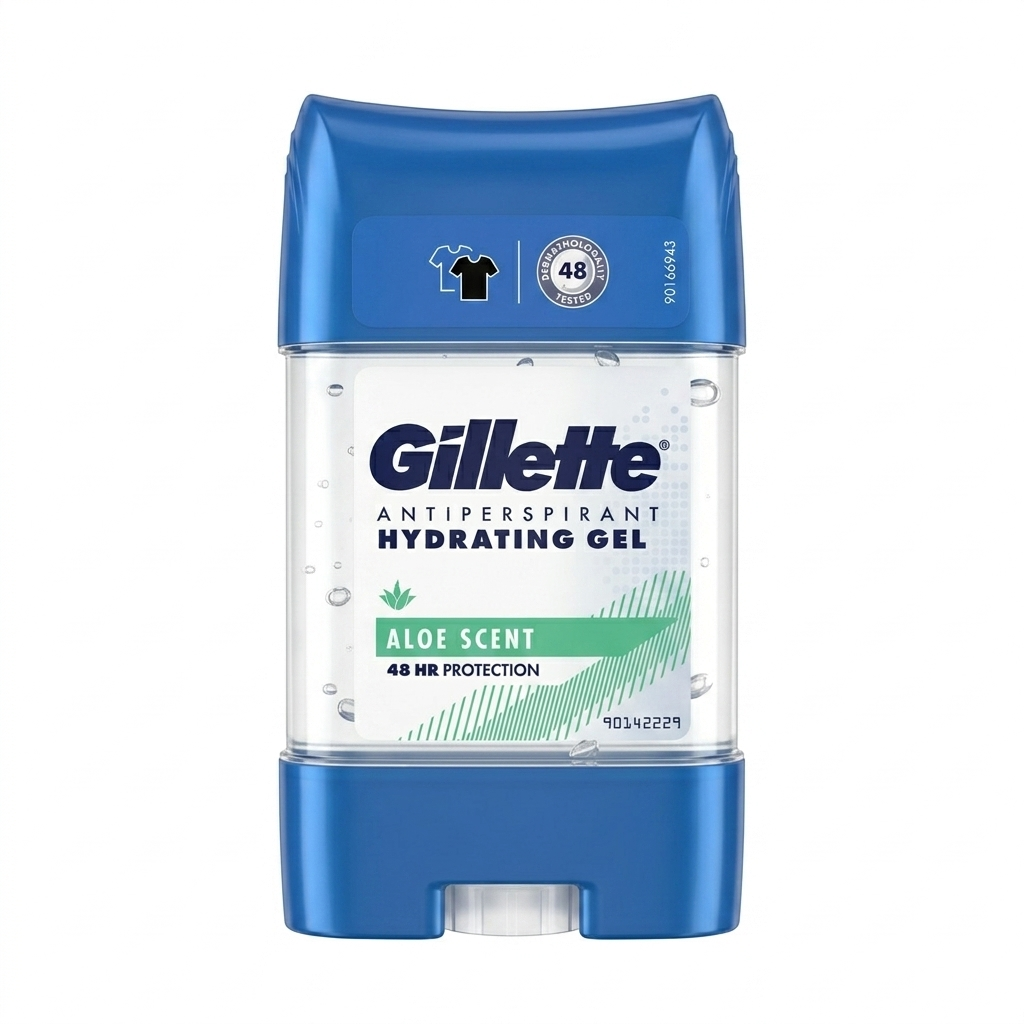 Gillette antiperspirant hydrating gel stick with blue cap and clear body on a white background