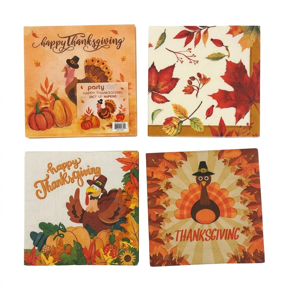 PartyRite 13" Thanksgiving Paper Dinner Napkins, Assorted Fall Harvest Prints, 20 Count, Wholesale