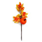 An autumn-themed decorative stem featuring two orange and yellow maple leaves, small yellow berries, and a small orange pumpkin on a dark brown stem, isolated on a white background.