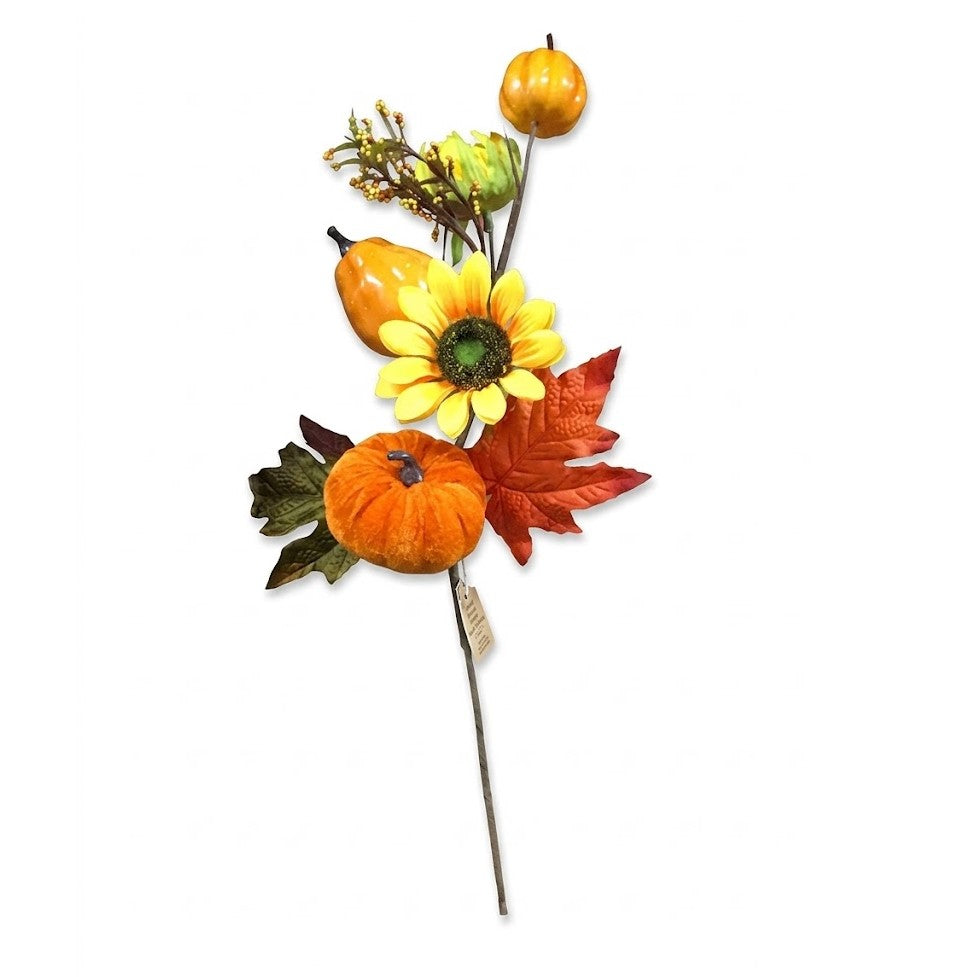 25" Artificial Sunflower & Velvet Pumpkin Floral Pick - Autumn Harvest Spray, Wholesale