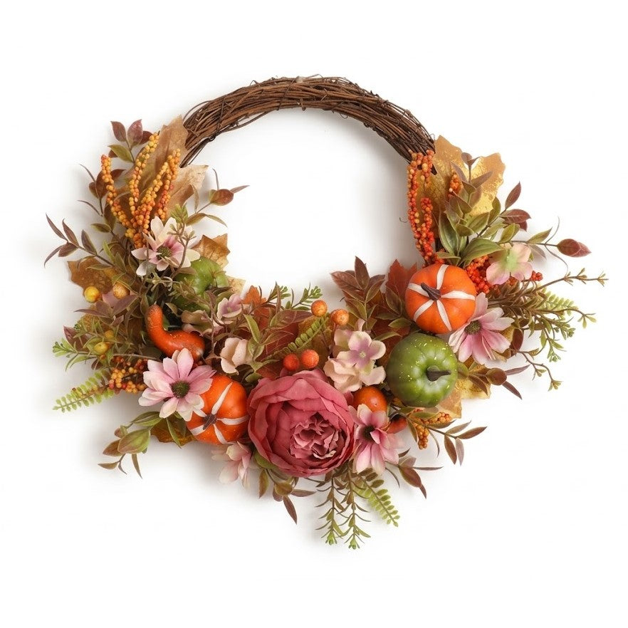 Partyrite 14" x 16" Artificial Harvest Floral & Pumpkin Door Wreath with Peony, Daisies & Berries | Wholesale