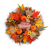 Partyrite 18" Artificial Autumn "Happy Harvest" Wooden Sign Door Wreath with Mini Pumpkins, Gourds, Burlap Bows & Sunflower Accents |