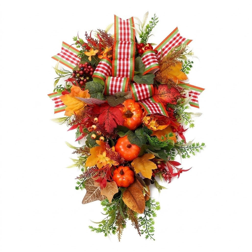 Partyrite 12" x 22" Artificial Autumn Harvest Teardrop Door Swag Wreath with Red Gingham Bow, Mini Pumpkins & Berries |