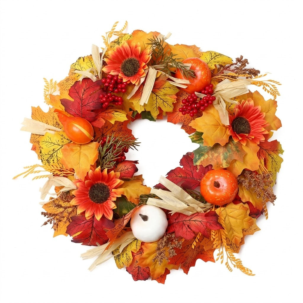 Partyrite 18" Artificial Autumn Sunflower & Pumpkin Door Wreath with White & Orange Gourds, Raffia Bows & Berries | Wholesale