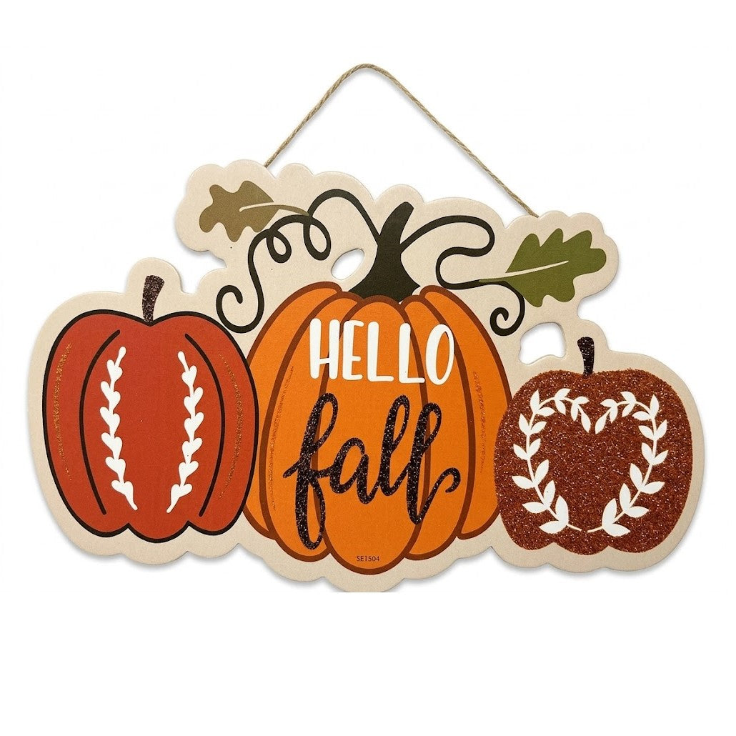 6.5" x 13" Hello Fall Pumpkin Foam Hanging Sign - Harvest Wall Decor, Wholesale