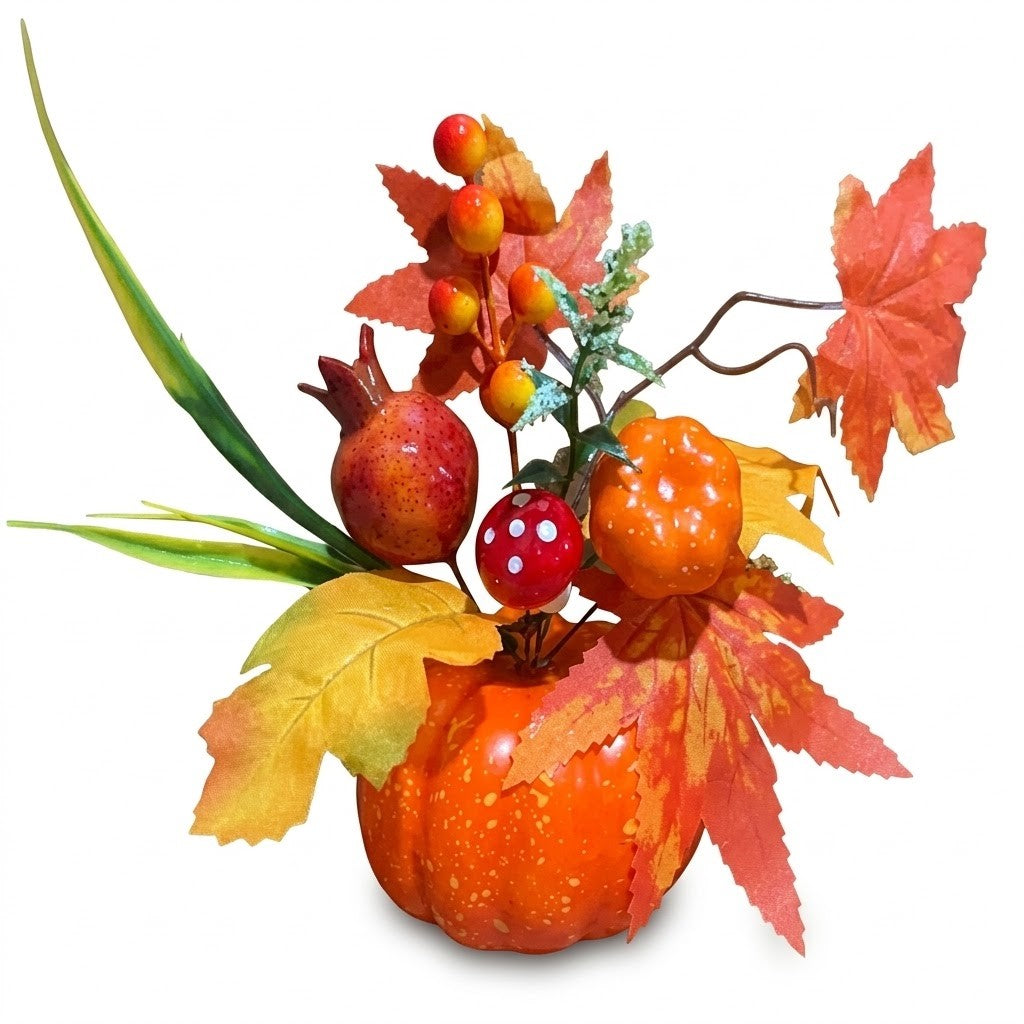 8" Artificial Pumpkin & Pomegranate Tabletop Centerpiece - Autumn Harvest Floral Accent, Wholesale