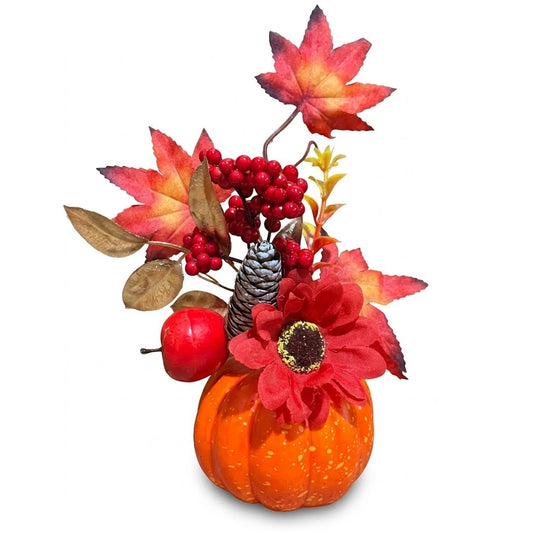 10" Artificial Pumpkin & Red Floral Tabletop Centerpiece - Pinecone & Berry Accent, Wholesale