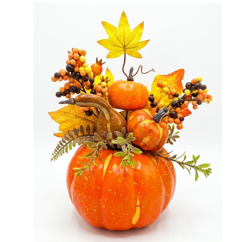 12" Artificial Fall Harvest Pumpkin Centerpiece Arrangements with Gourds, Berries & Maple Leaves | Wholesale