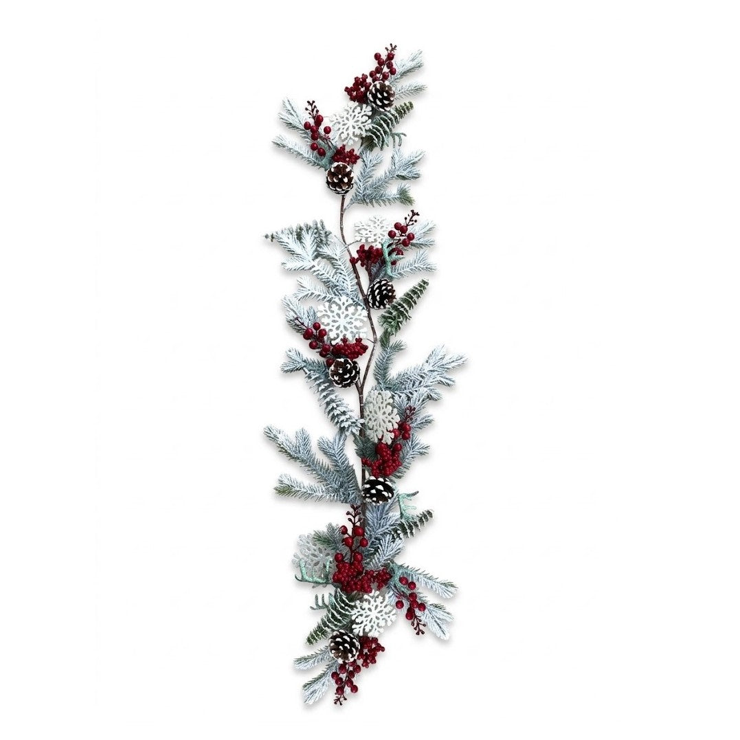 6' Frosted Artificial Christmas Garland with Pinecones, Red Berries & Glitter Snowflakes | Wholesale