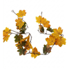 Artificial autumn maple leaf garland with yellow, orange, and green leaves on a dark metal wire frame, shown against a plain white background.