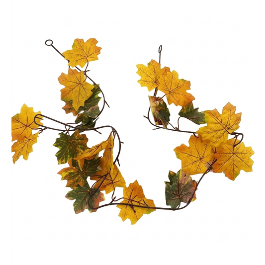 Artificial autumn maple leaf garland with yellow, orange, and green leaves on a dark metal wire frame, shown against a plain white background.