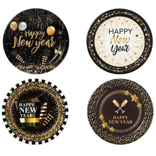 Partyrite  10" New Year's Eve Paper Dinner Plates (8-Count Pack) - Black & Gold Party Designs | Wholesale