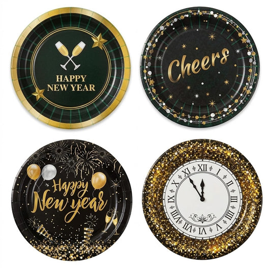 Partyrite 7" New Year's Eve Paper Plates (10-Count Pack) - Black & Gold Party Designs | Wholesale