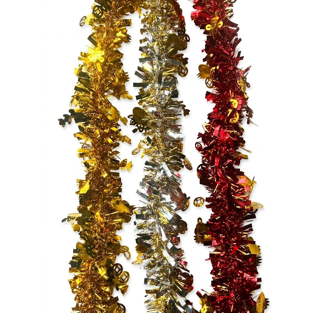 7ft Chinese New Year Metallic Foil Tinsel Garland with Fortune Coin Motifs - Assorted Colors | Wholesale