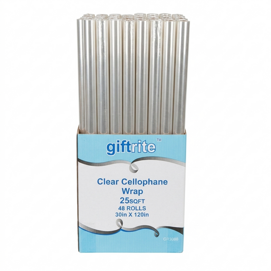 Pack of clear cellophane wrap rolls with Giftrite branding on a white background