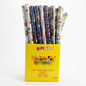 Assorted colorful happy birthday gift wrapping paper rolls in a yellow 'giftrite' box on a white background