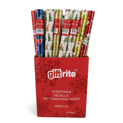 Giftrite 15 Sq. Ft. Christmas Metallic Foil Gift Wrapping Paper Rolls (Assorted Festive Designs) | Wholesale