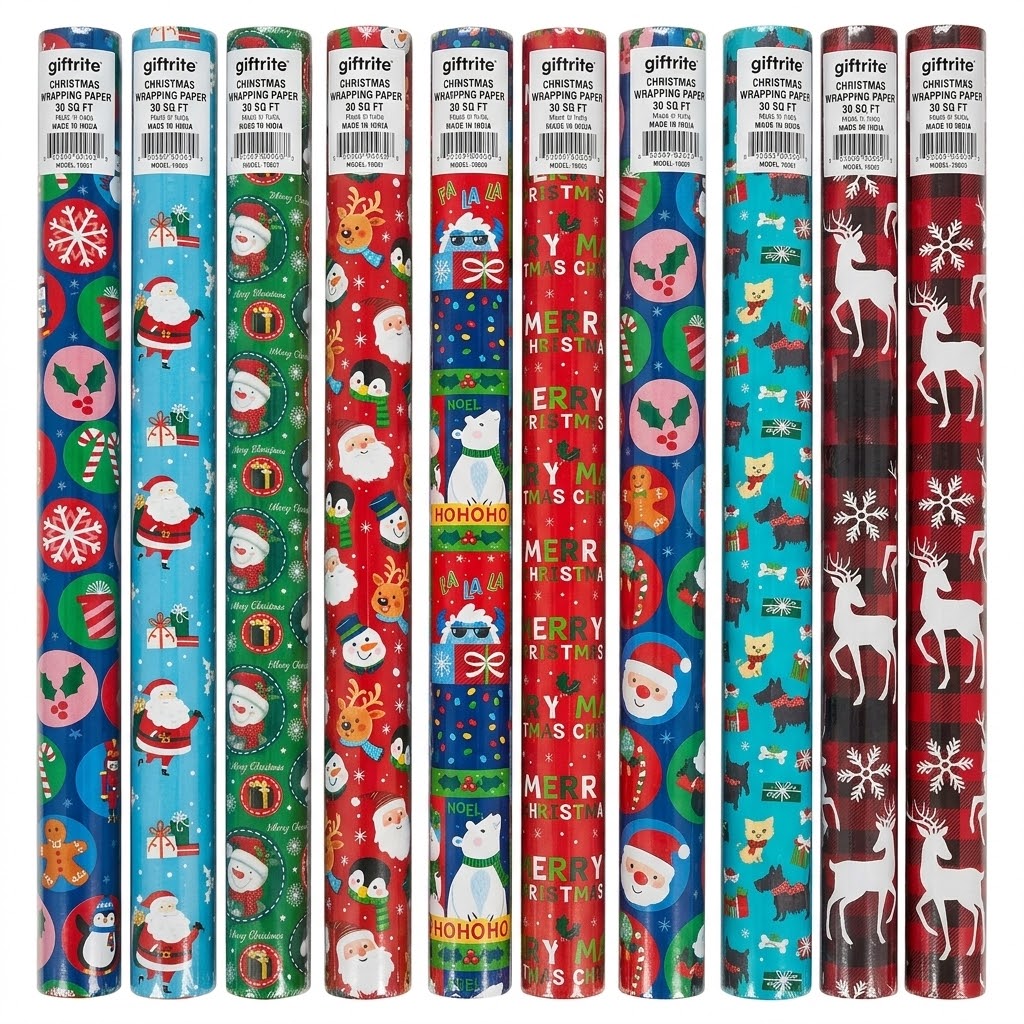 Eight rolls of gift-wrap paper standing upright, each with a different festive Christmas pattern including Santa Claus, reindeer, snowflakes, ornaments, gifts, and holiday text. The rolls are labeled Giftrite Christmas Wrapping Paper.