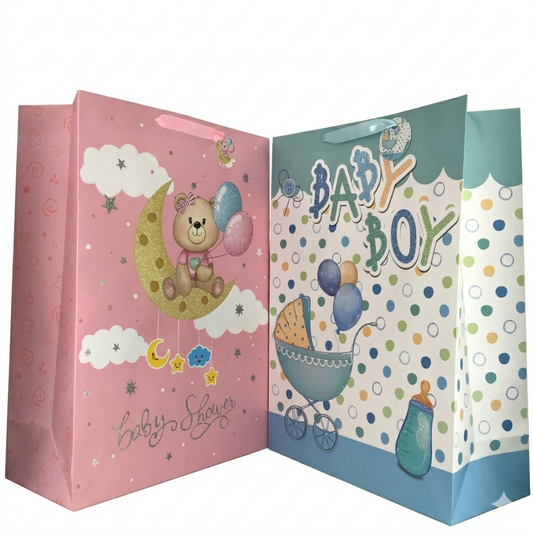 Two baby shower gift bags, one pink with a teddy bear and moon design, the other blue with 'Baby Boy' text and stroller design.