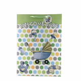 Baby shower gift bag with polka dot pattern and baby-related illustrations on a white background