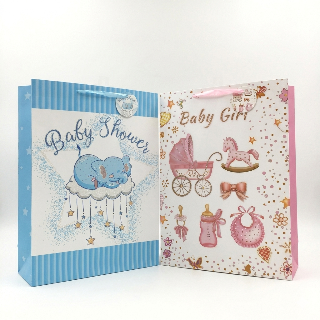 Two baby shower gift bags, one blue with elephant design and 'Baby Shower' text, the other pink with baby carriage and 'Baby Girl' text.