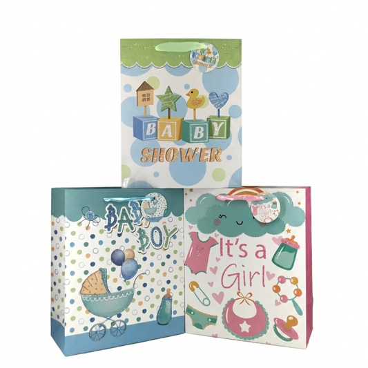 Set of baby-themed gift bags with 'Baby Shower' and gender-specific designs on a white background.