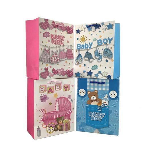 Set of two baby-themed gift bags, one for a girl and one for a boy, on a white background.