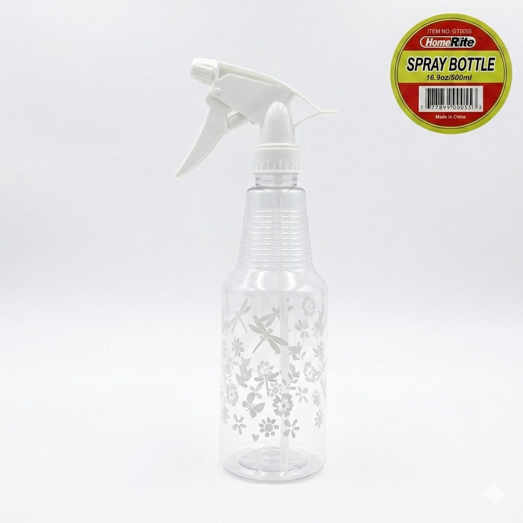 Clear spray bottle with floral patterns on a white background, featuring a HomeRite label.