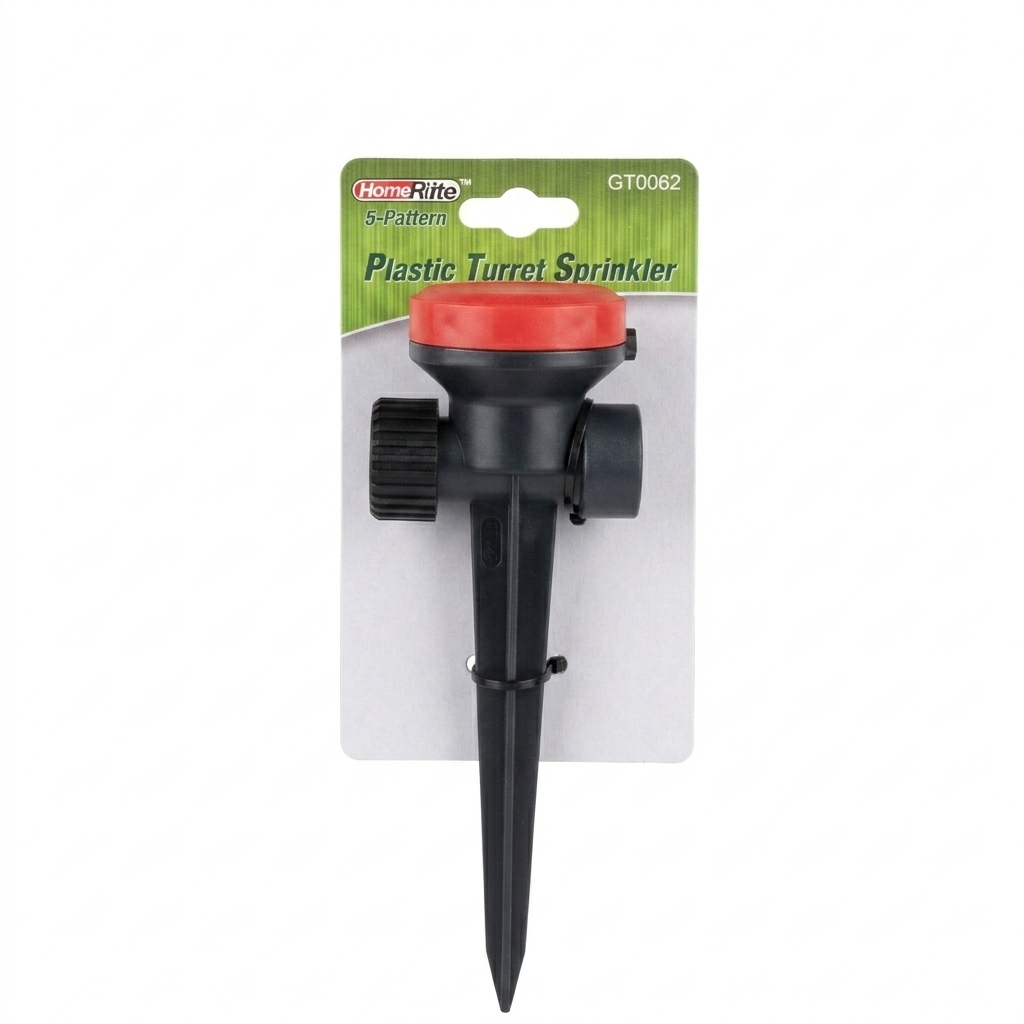 Plastic turret sprinkler with red top on a white background