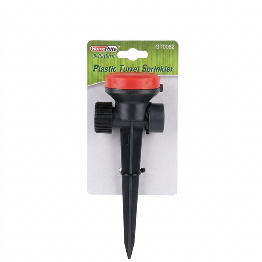 Plastic turret sprinkler with red top on a white background