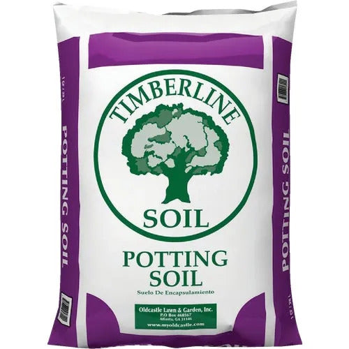 Bag of Timberline potting soil with a purple border on a white background