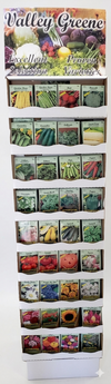 Valley Greene seed packets displayed on a stand with a white background