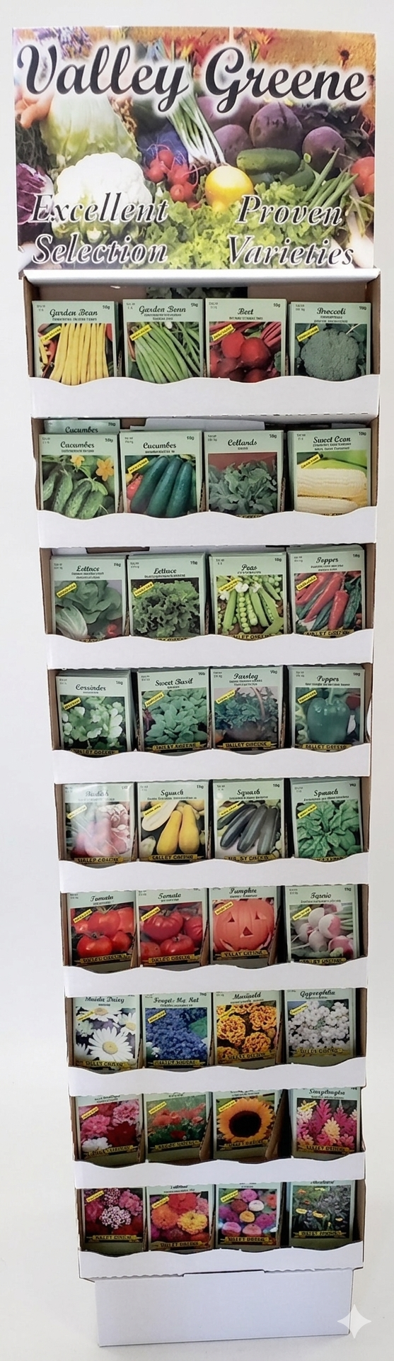 Valley Greene seed packets displayed on a stand with a white background