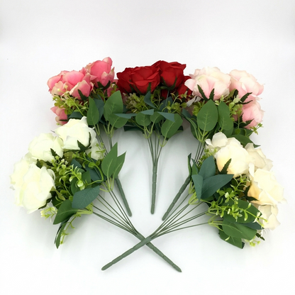 artificial roses with red, pink, and white flowers on a white background