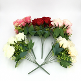 artificial roses with red, pink, and white flowers on a white background