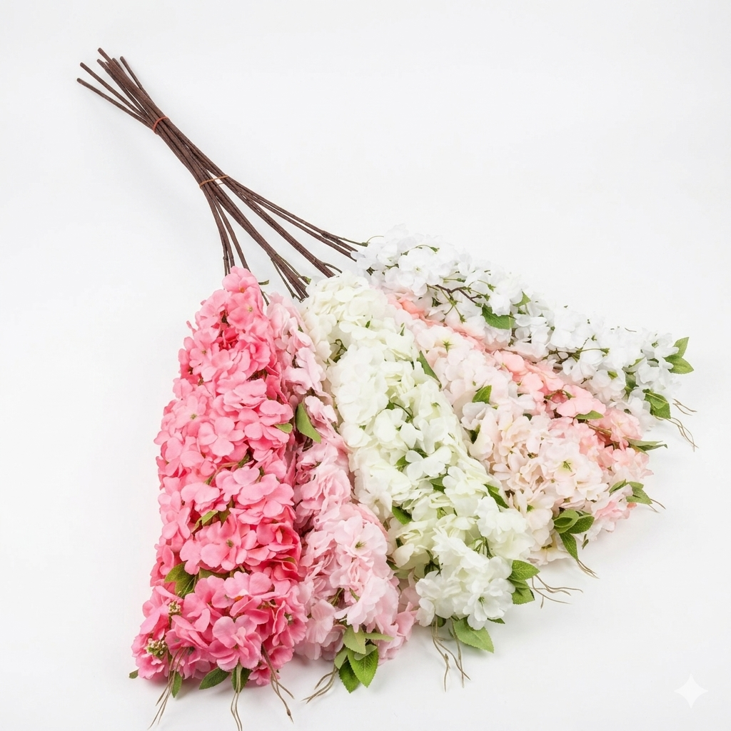 Three bundles of pink and white sakura cherry blossom flowers on a white background
