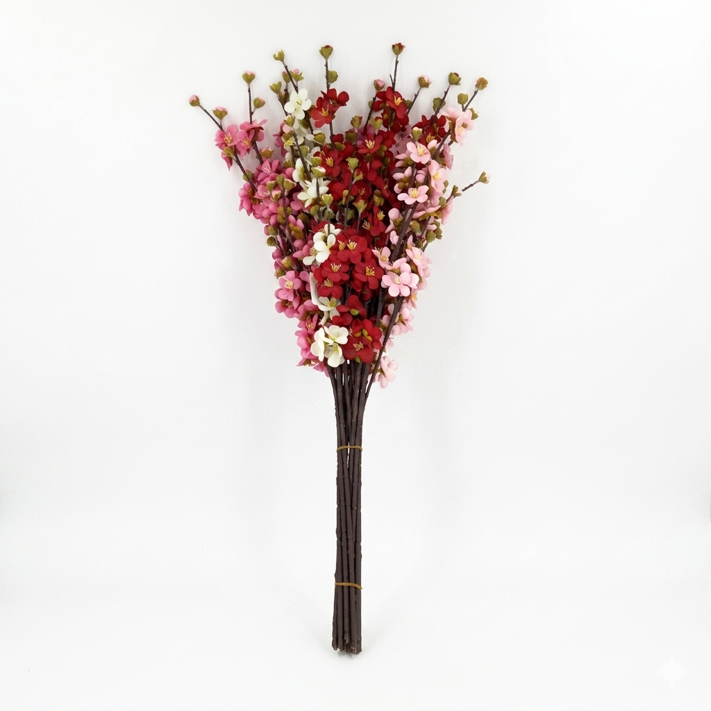 Bouquet of artificial flowers with red, pink, and white blossoms on a white background