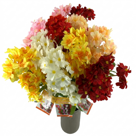 Bouquet of colorful artificial violet flowers in a pot on a white background