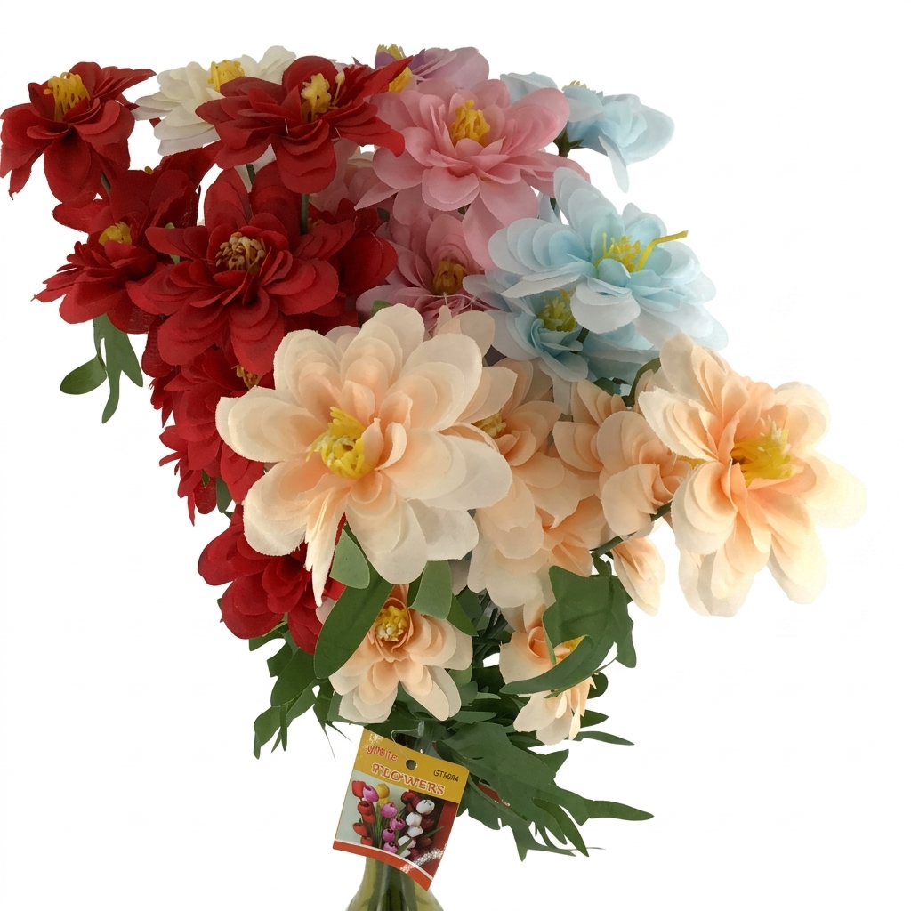 Bouquet of artificial Dahlia flowers in red, pink, blue, and peach colors on a white background.