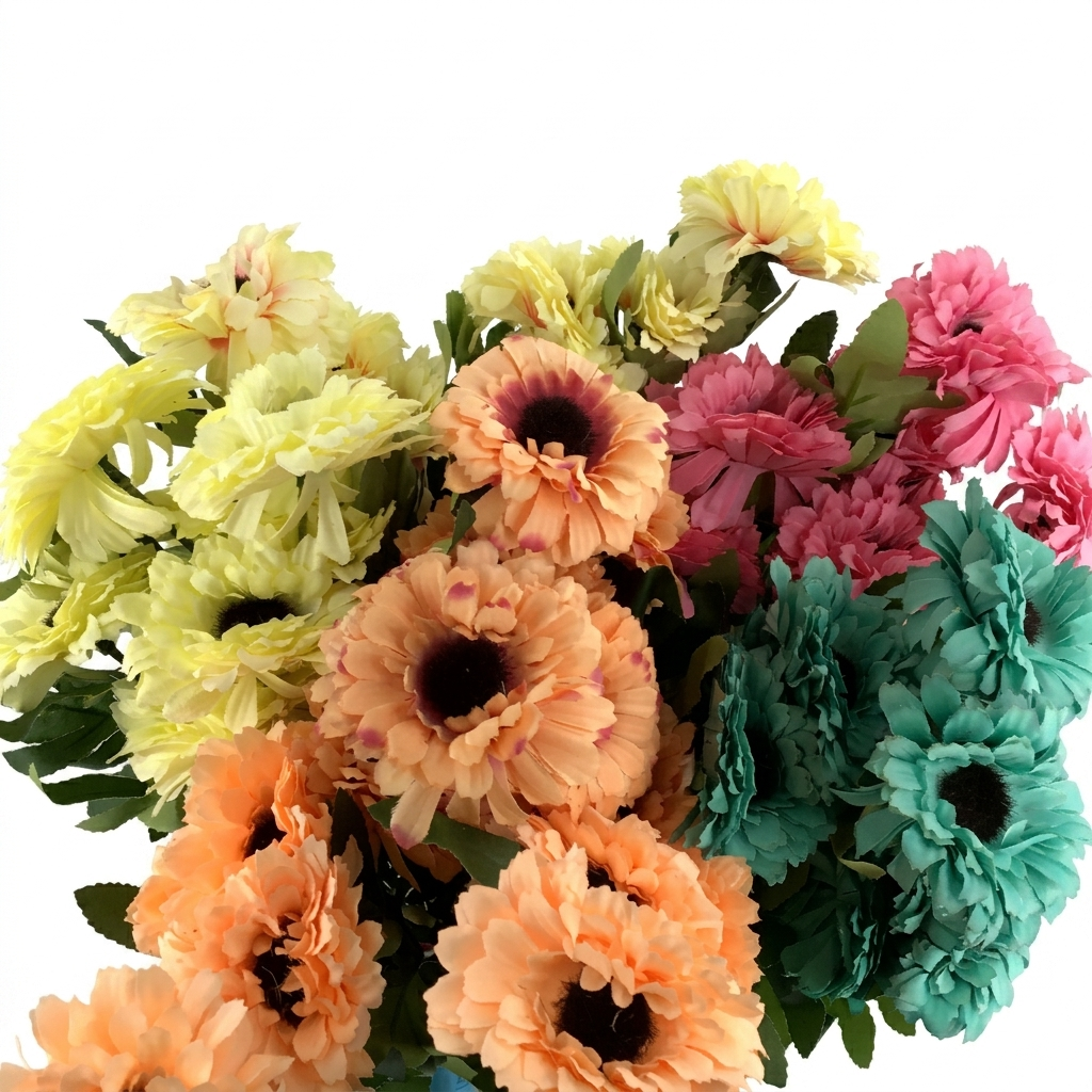 Bouquet of colorful flowers including yellow, pink, and green on a white background