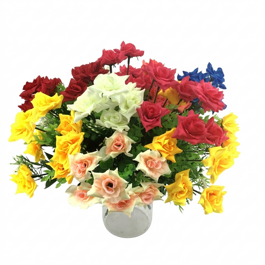 Colorful bouquet of artificial roses flowers in a white vase on a white background