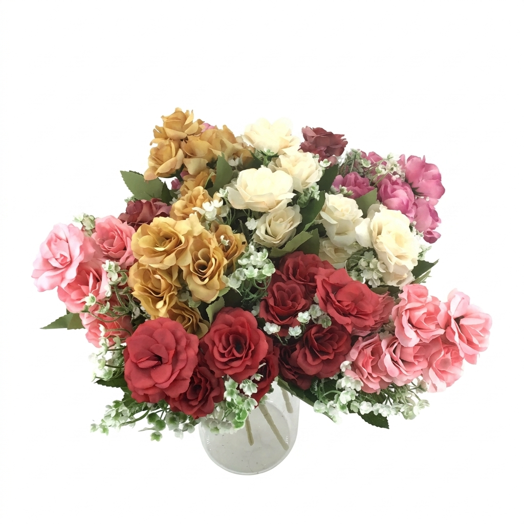 Bouquet of colorful flowers in a white vase on a white background