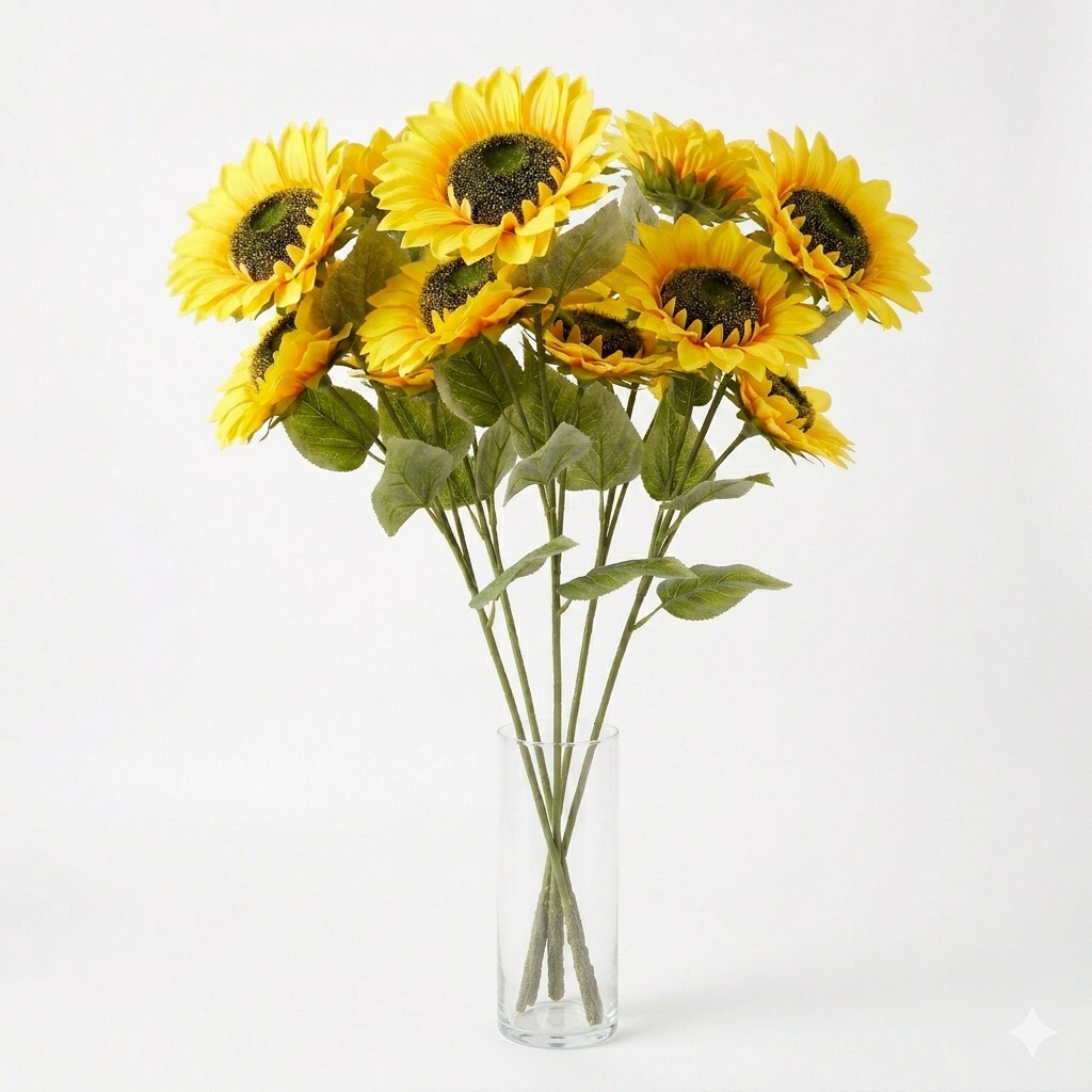 Bouquet of sunflowers in a clear vase on a white background